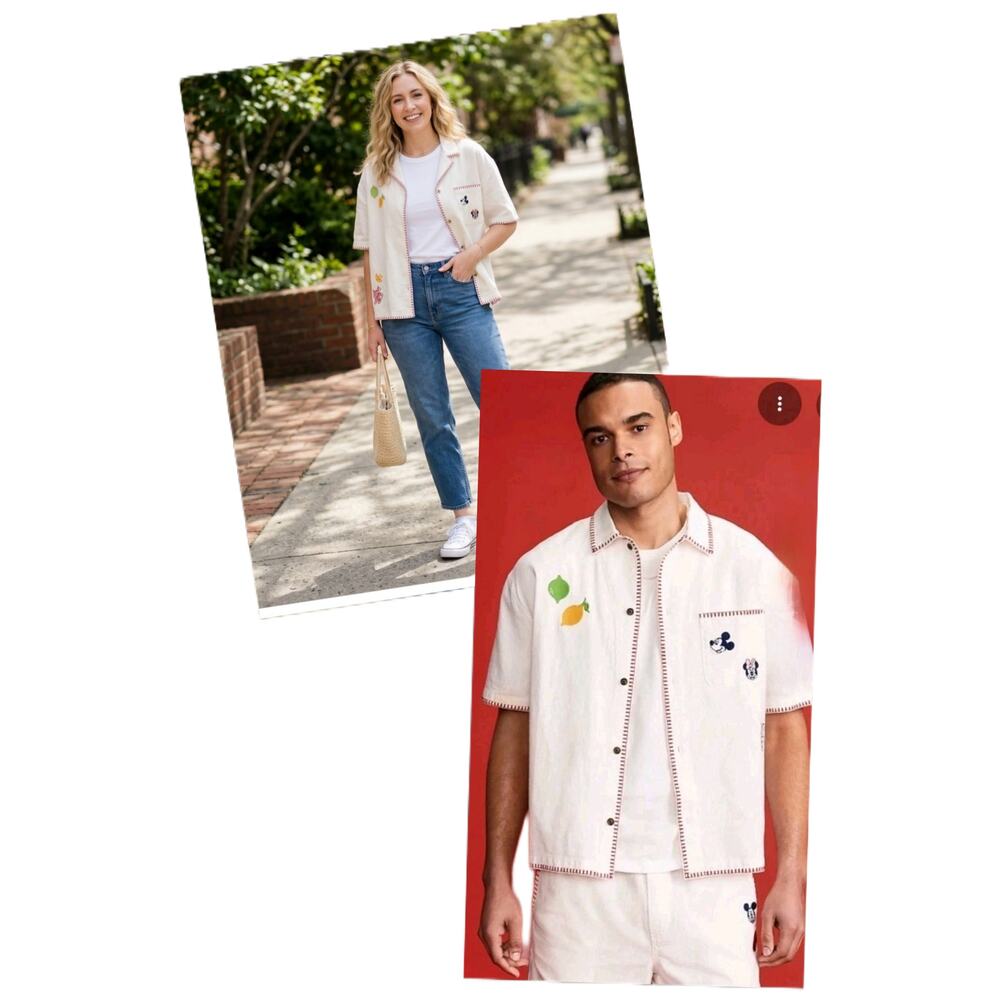Old Navy x Disney Sea Salt White Linen Embroidered Utility Shirt Men’s L Unisex